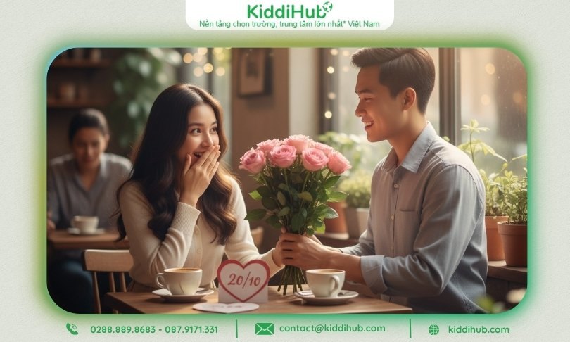Khoảnh khắc người nam trao hoa cho bạn gái tại quán cà phê