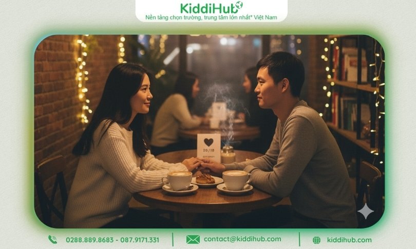 Cặp đôi ngồi uống cà phê tại quán nhỏ có ánh đèn vàng