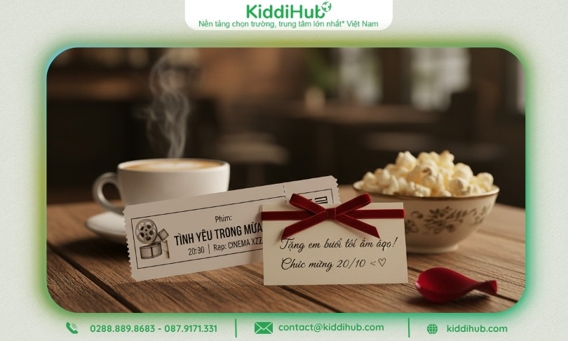 Vé xem phim kèm thiệp nhỏ đặt trên bàn gỗ