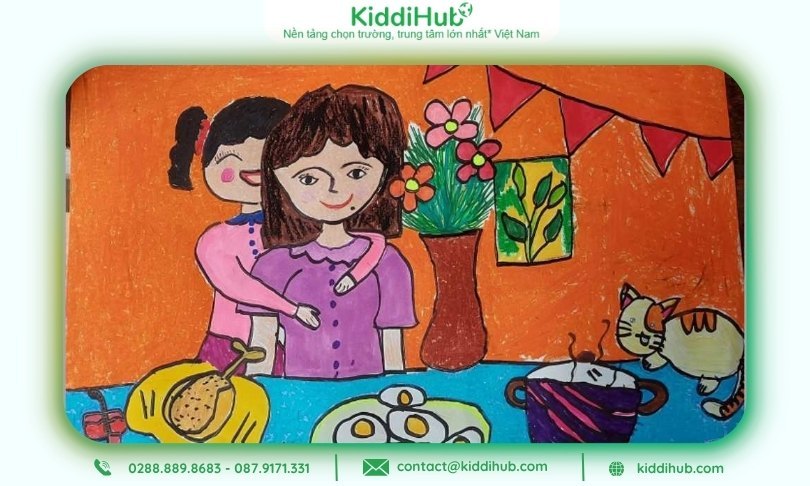 Học sinh tiểu học kể chuyện bằng màu sắc trong tranh tặng mẹ 20/10