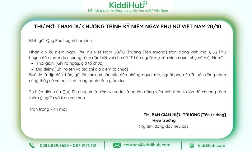 Mẫu giấy mời ngày 20/10 cho phụ huynh xúc tích, trang trọng
