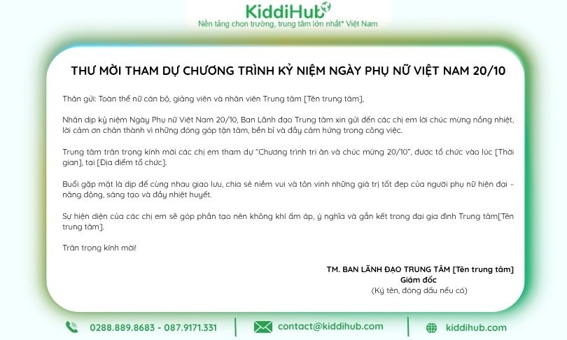 Mẫu thư mời 20/10 cho nhân viên trung tâm giáo dục hay, ấn tượng