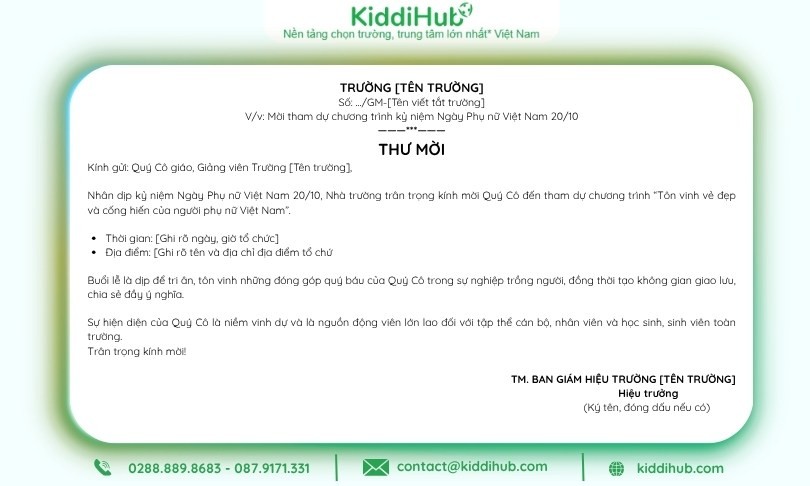 Mẫu giấy mời ngày 20/10 cho giáo viên/giảng viên nhà trường ngắn gọn, gần gũi