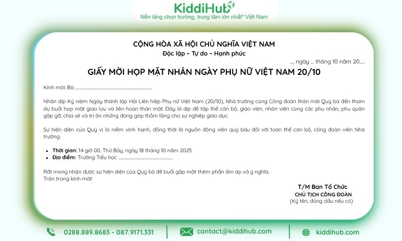 Giấy mời ngày 20/10 cho nhà trường sẵn gửi khách mời, đại diện diện địa phương