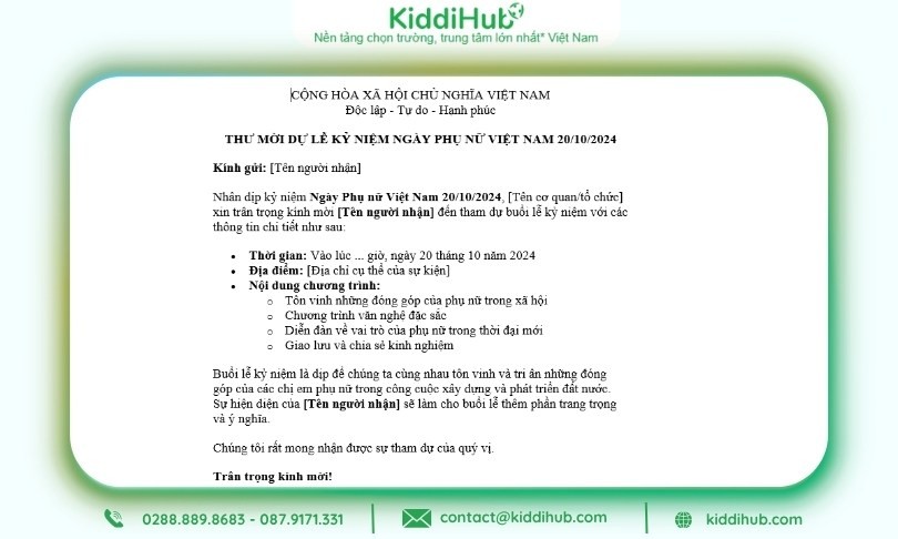 Thư mời 20/10 nhằm thông báo chi tiết sự kiện kỷ niệm ngày Phụ nữ Việt Nam tại đơn vị