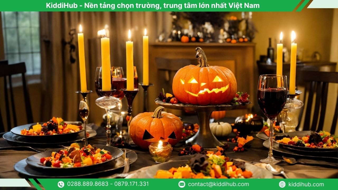 phong cách trang trí bàn tiệc Halloween sang trọng