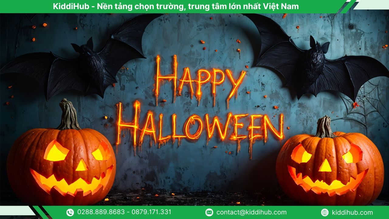 Banner Halloween với 2 đèn lồng bí ngô cùng dơi đen