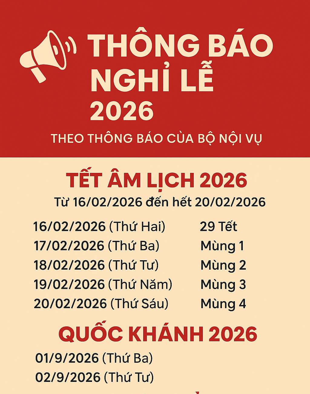 thông báo nghỉ lễ tết âm lịch 2026 chính thức