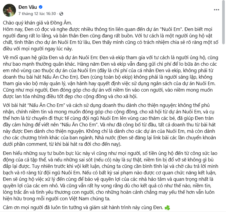 Đen Vâu lên tiếng về lùm xùm của Dự án Nuôi Em