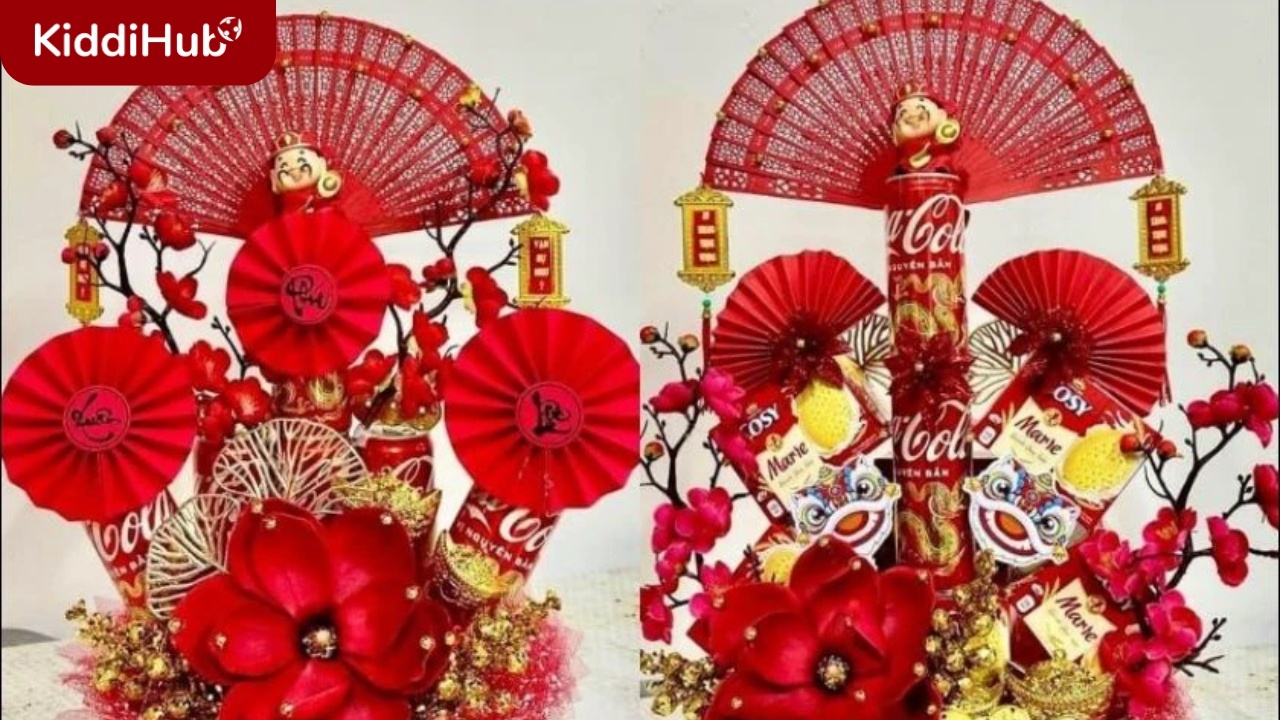 Trang trí tháp nước ngọt Tết màu đỏ