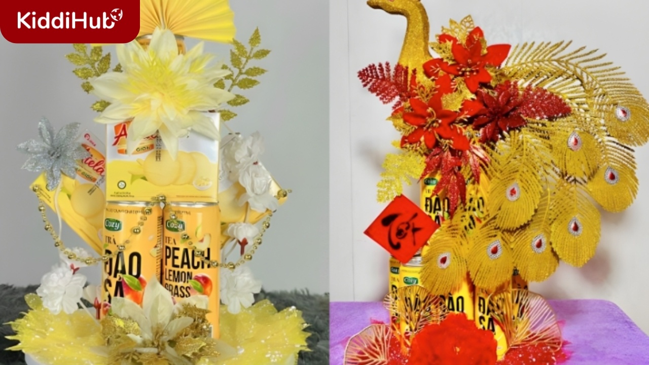 Trang trí tháp nước ngọt Tết màu vàng cam