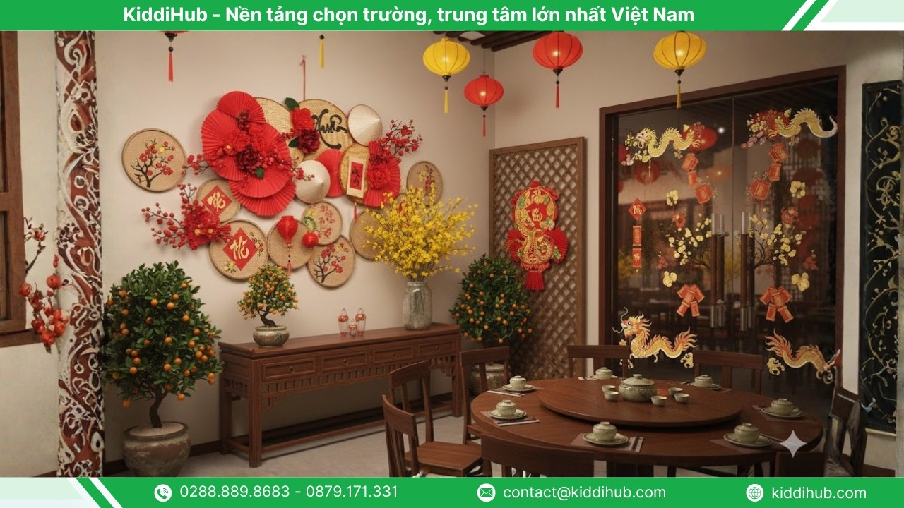 Trang trí Tết cho nhà hàng ở tường bằng mẹt tre Tết