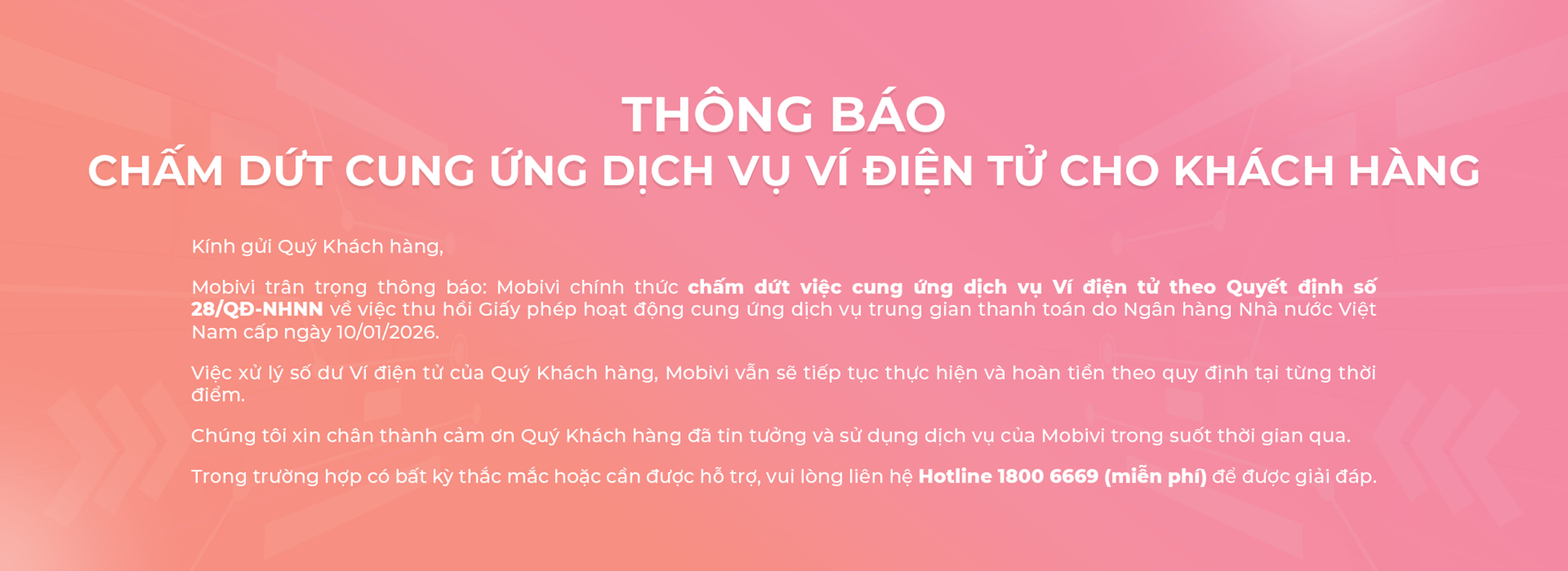 Thông báo chấm dứt cung ứng dịch vụ ví điện tử Mobivi