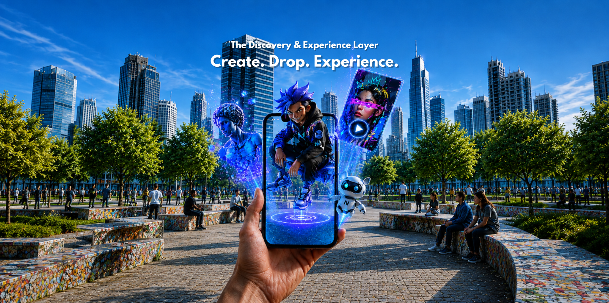 A Netblitz portal illustrating how the platform drops interactive augmented reality (AR) content, 3D characters, digital art, and short-form video into physical spaces like this city park, viewed through a phone.
