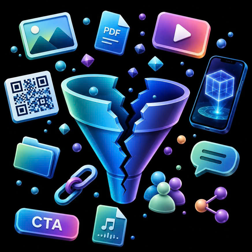 Broken funnel with scattered content icons, image, video, PDF, QR code, AR cube, audio, and chat, illustrating fragmented content Netblitz's discovery and experience portal unifies