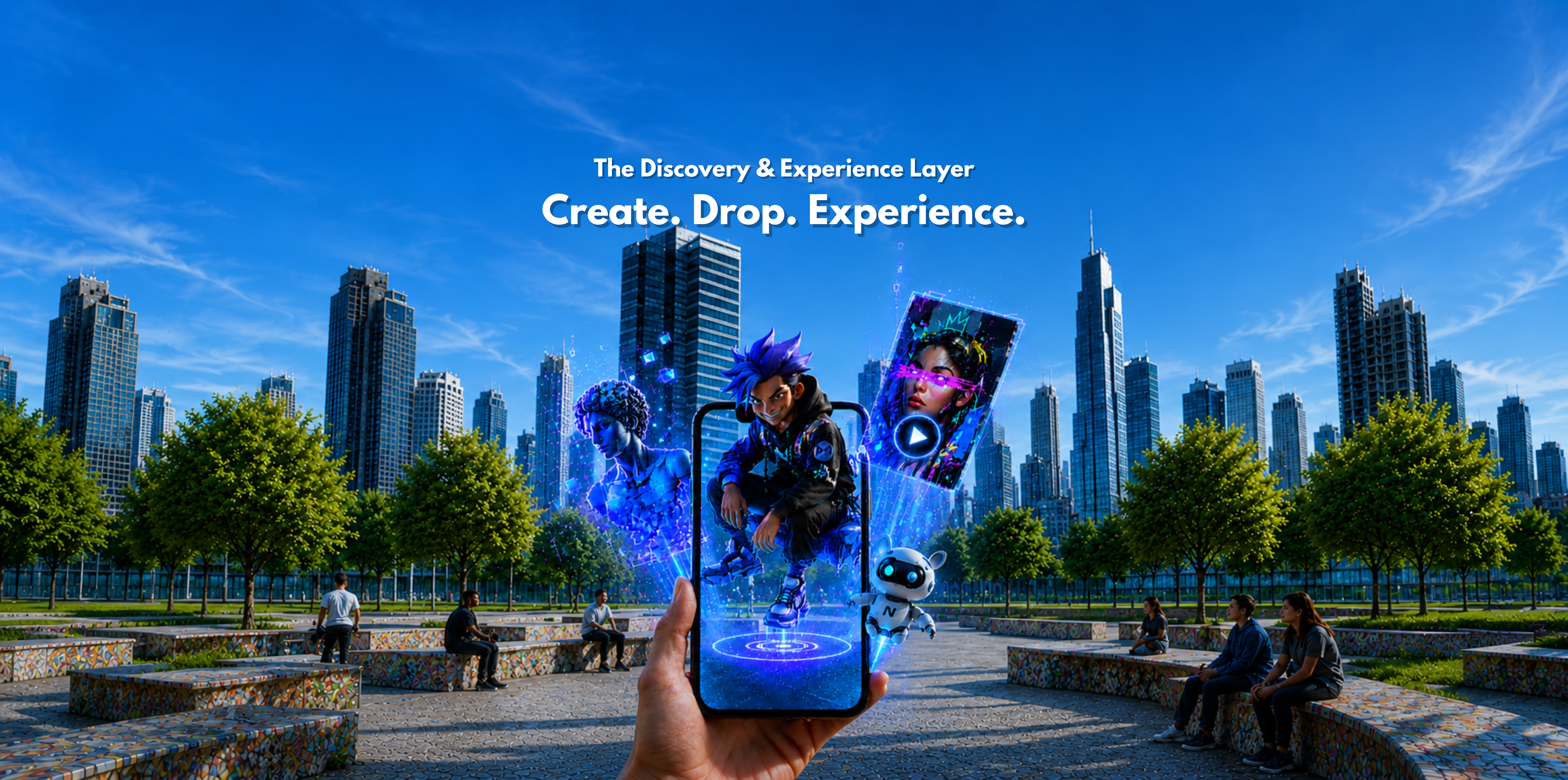 A Netblitz portal illustrating how the platform drops interactive augmented reality (AR) content, 3D characters, digital art, and short-form video into physical spaces like this city park, viewed through a phone.