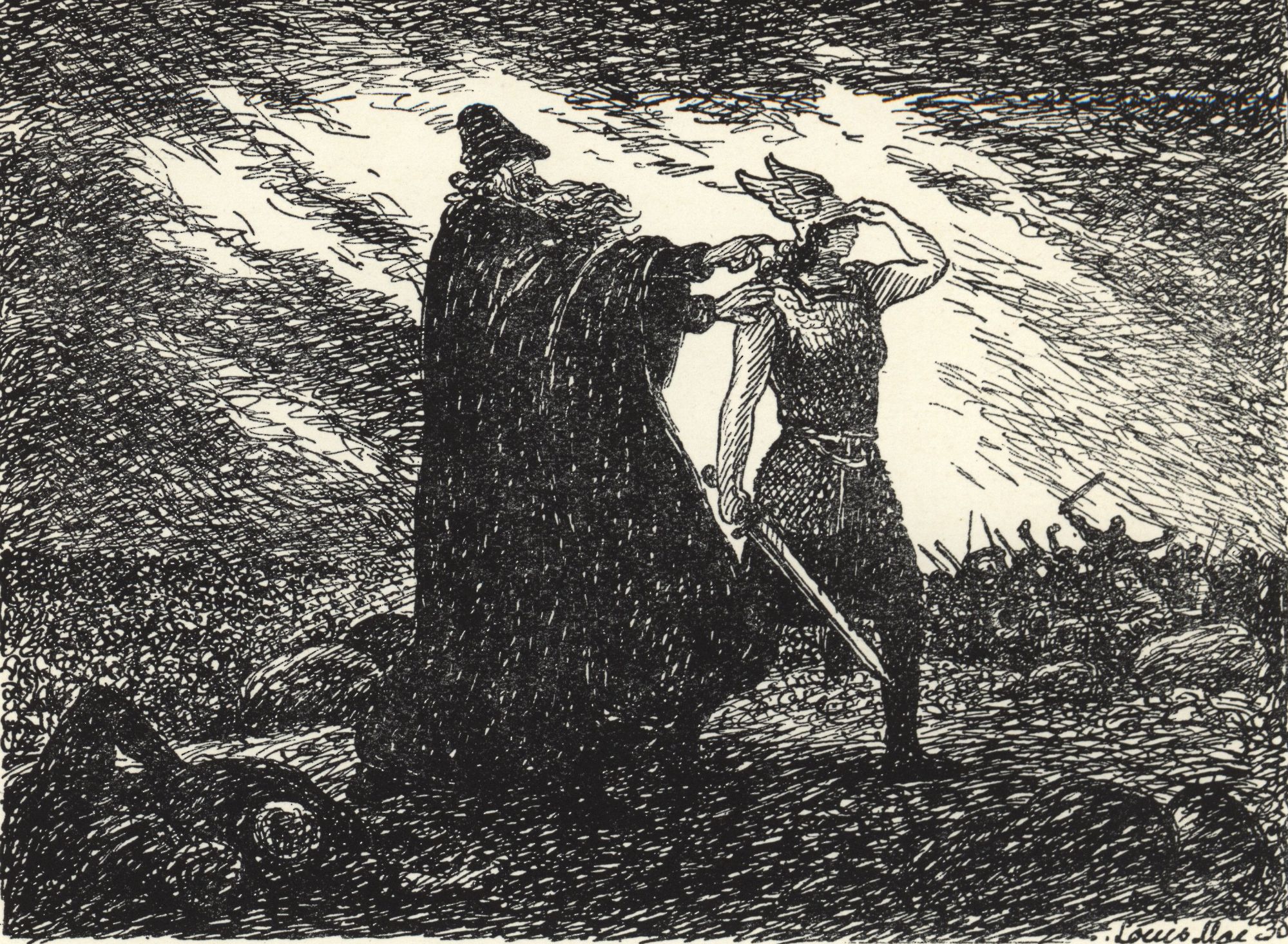 Louis Moe; Óðinn pointing out Starkaðr to Vébjörg at the Battle of Brávellir (1857-1945)