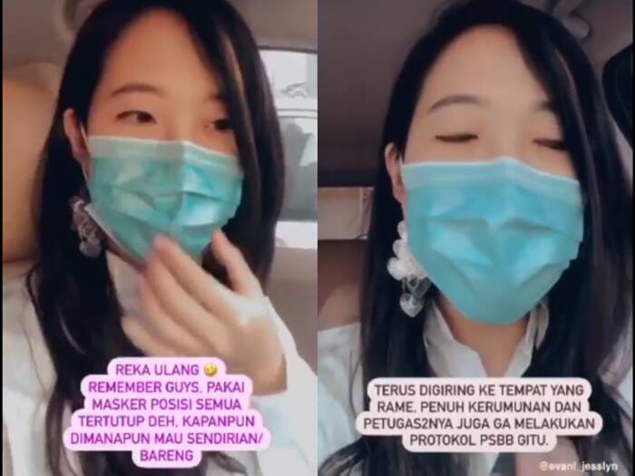 Curhatan seorang wanita yang tengah sendirian didalam mobil malah terkena razia PSBB. (photo/Instagram/@evani_jesslyn) curhatan psbb