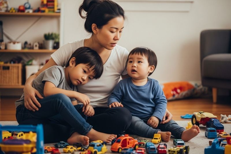mother with boys in arm taking a breather from clearing the house