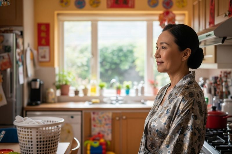 a woman taking a time out in the kitchen to relax and reflect
