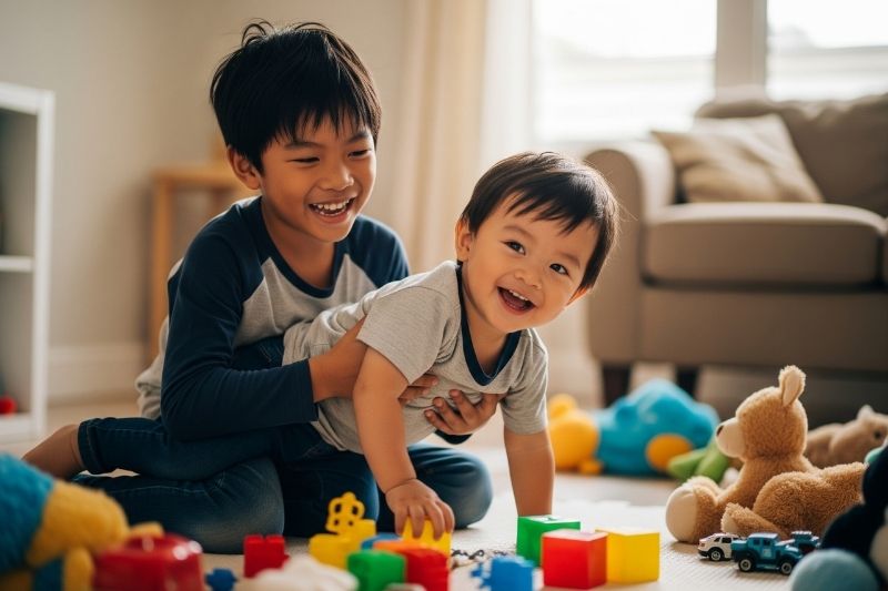 two boys that are brothers playing together in living room happily