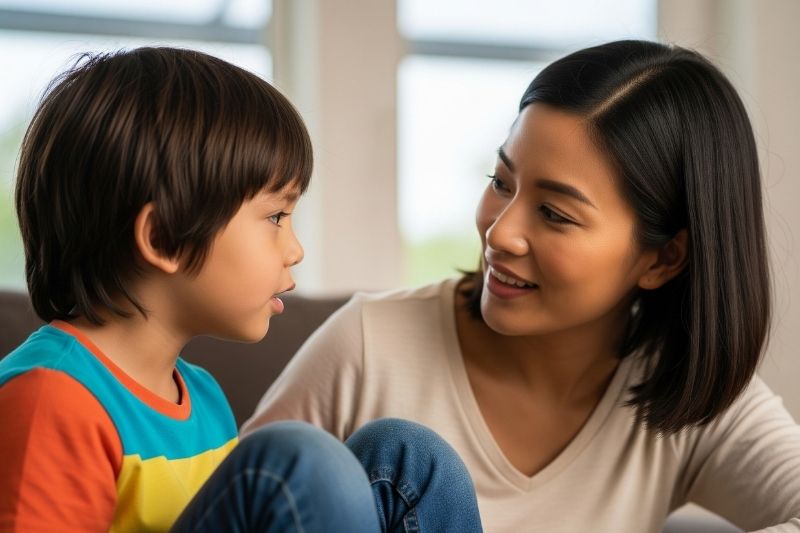 mother listening to son attentively about his hobbies