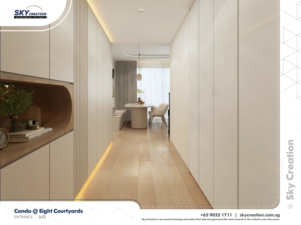 Eight Courtyards entrance corridor with illuminated cabinetry leading to the dining area