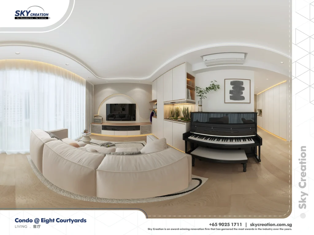 Eight Courtyards living area with a curved sofa and upright piano
