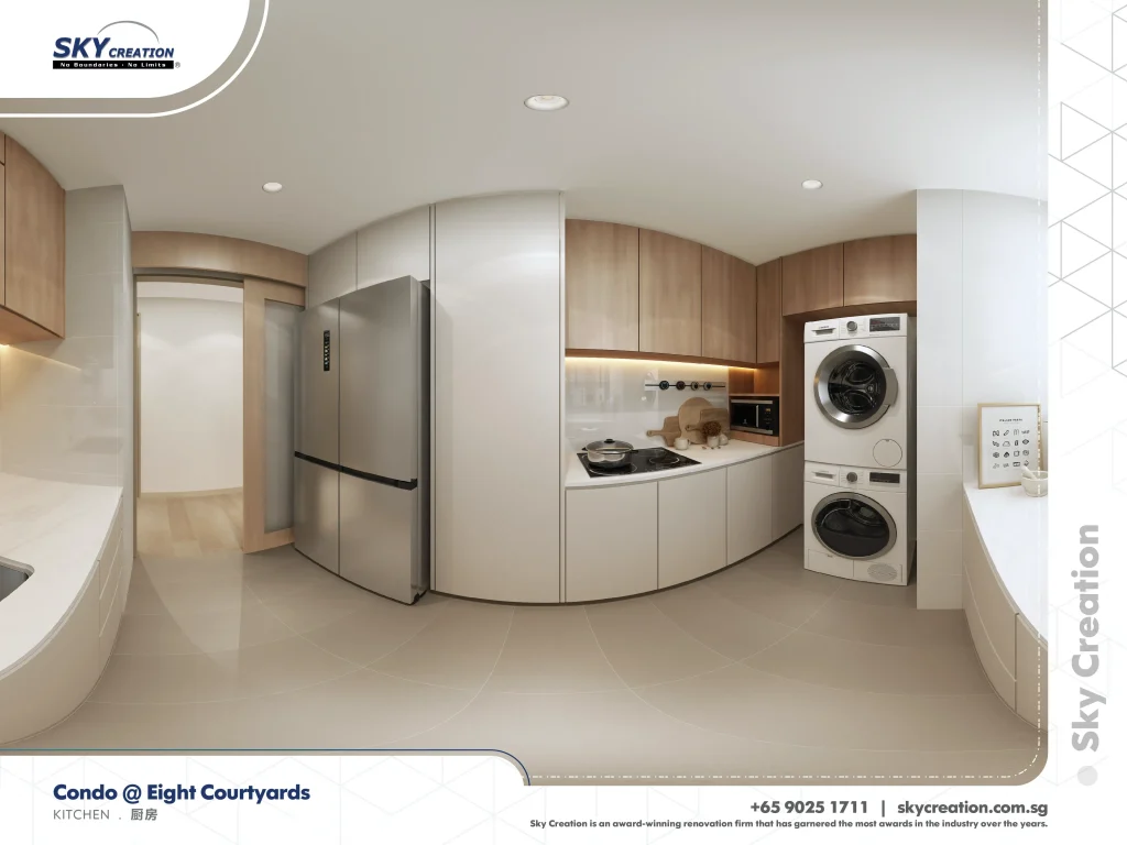 Eight Courtyards kitchen with pale cabinets and stacked laundry appliances
