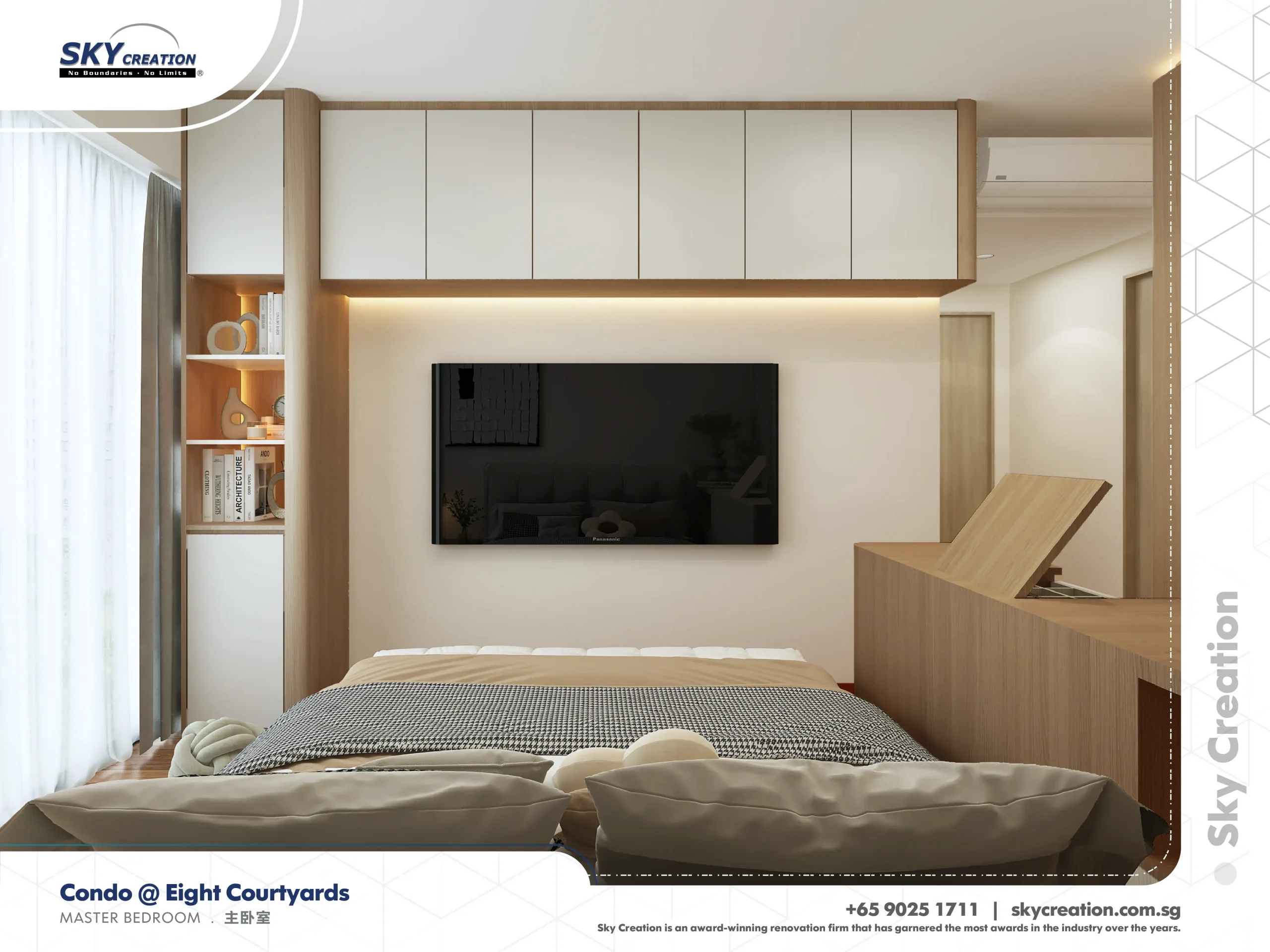Eight Courtyards bedroom television wall with overhead cupboards
