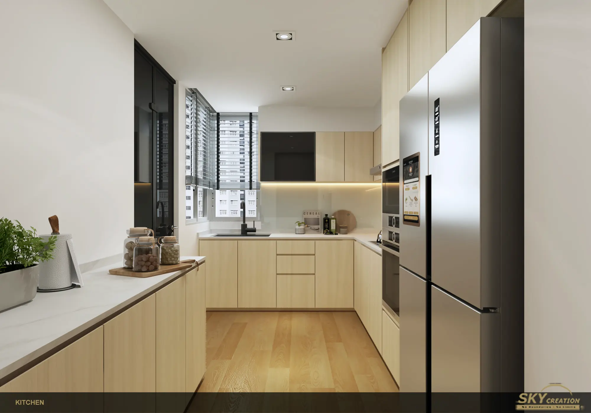 The Floravale kitchen with warm timber cabinetry, black-framed glazing and integrated appliances