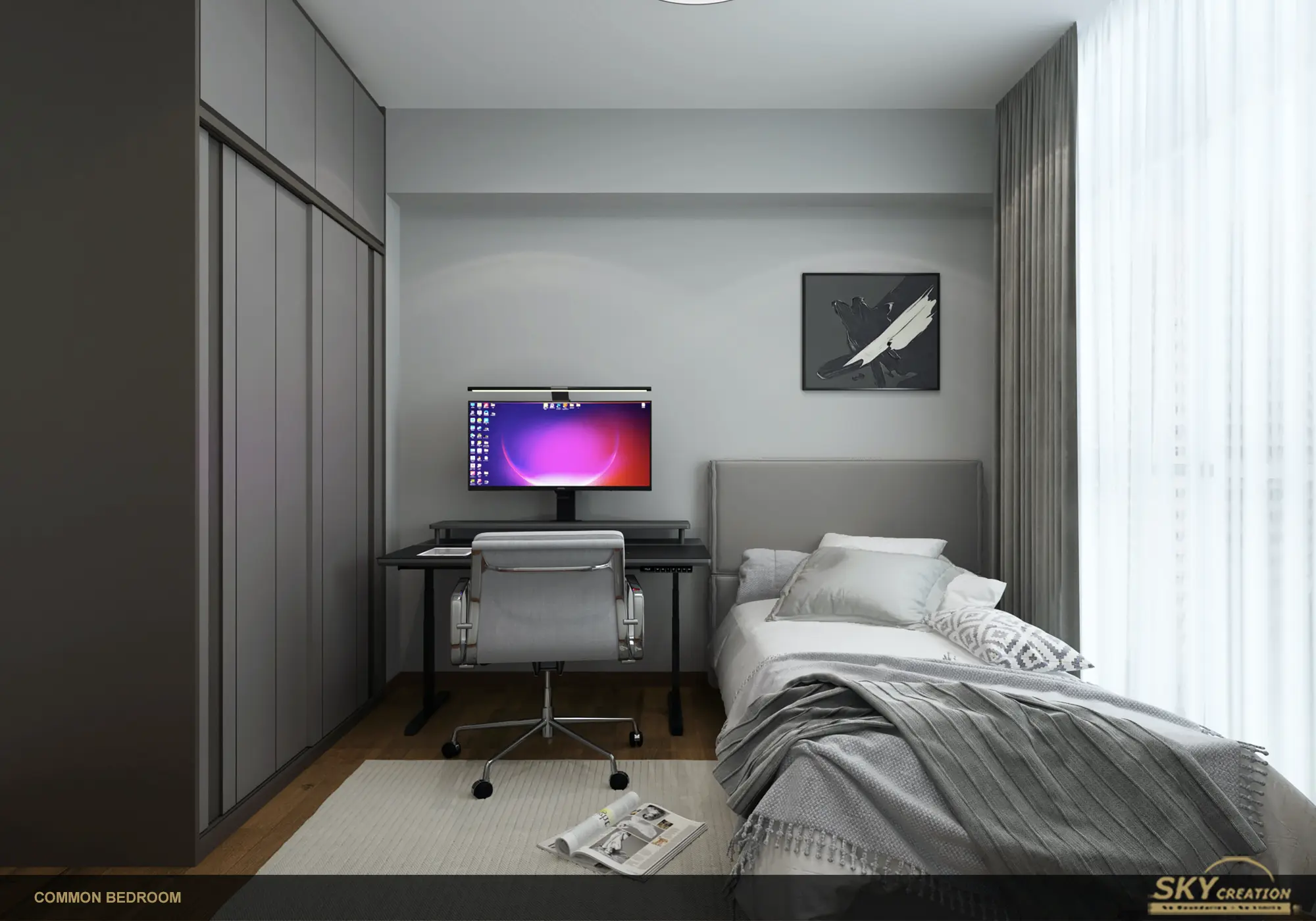 Lakeshore bedroom with integrated storage and a compact desk
