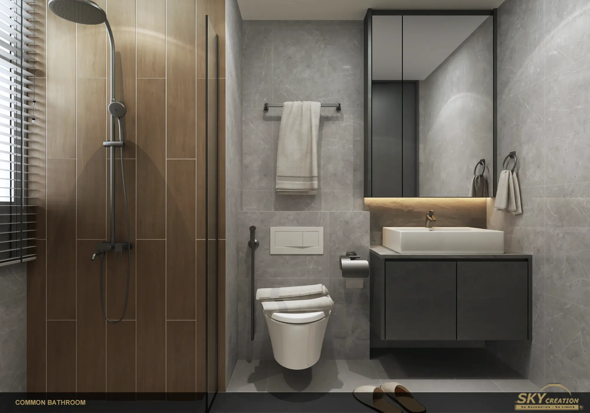 Lakeshore bathroom with a wall-hung vanity and defined shower zone