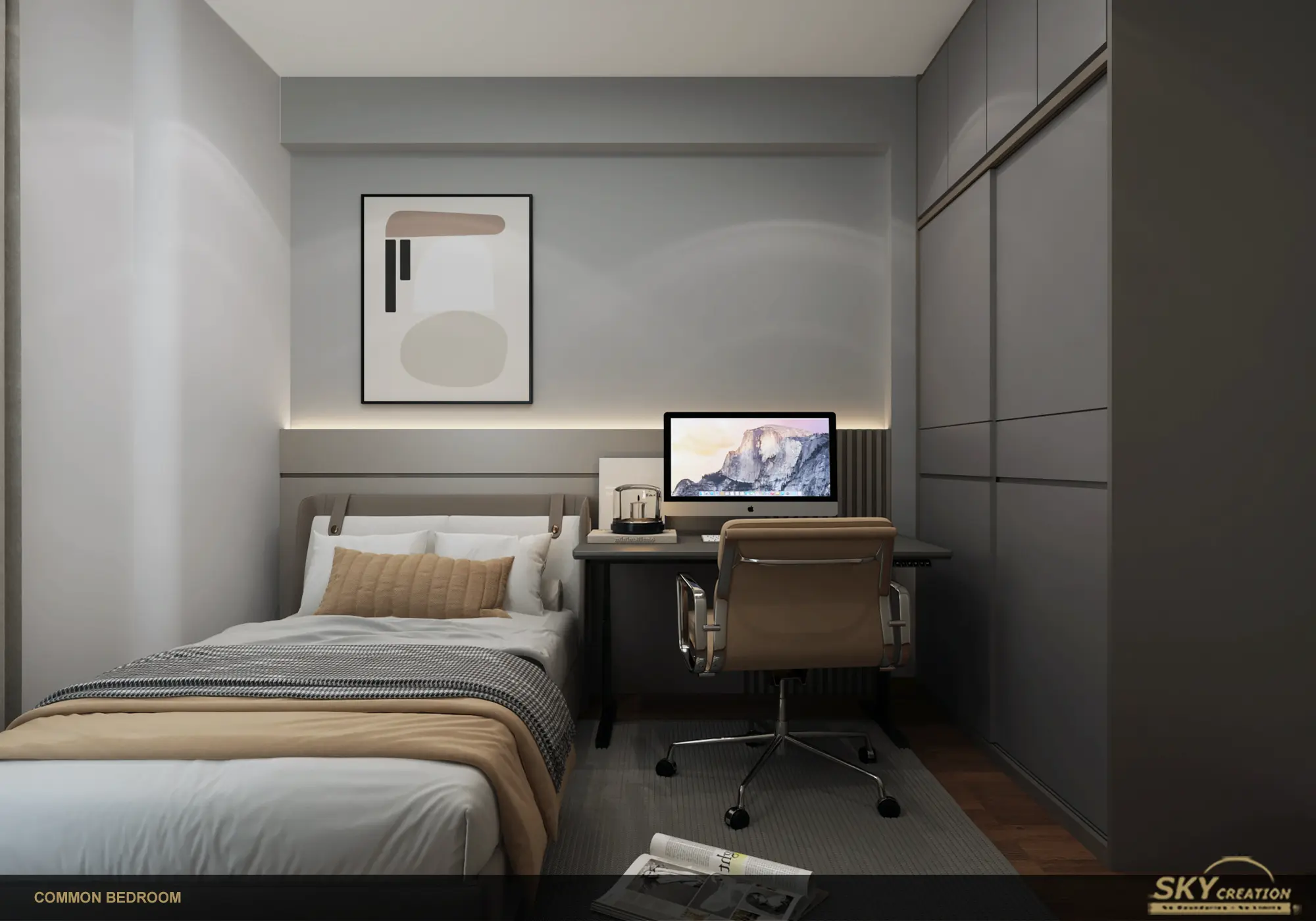 Lakeshore bedroom with full-height wardrobe and a warm timber floor