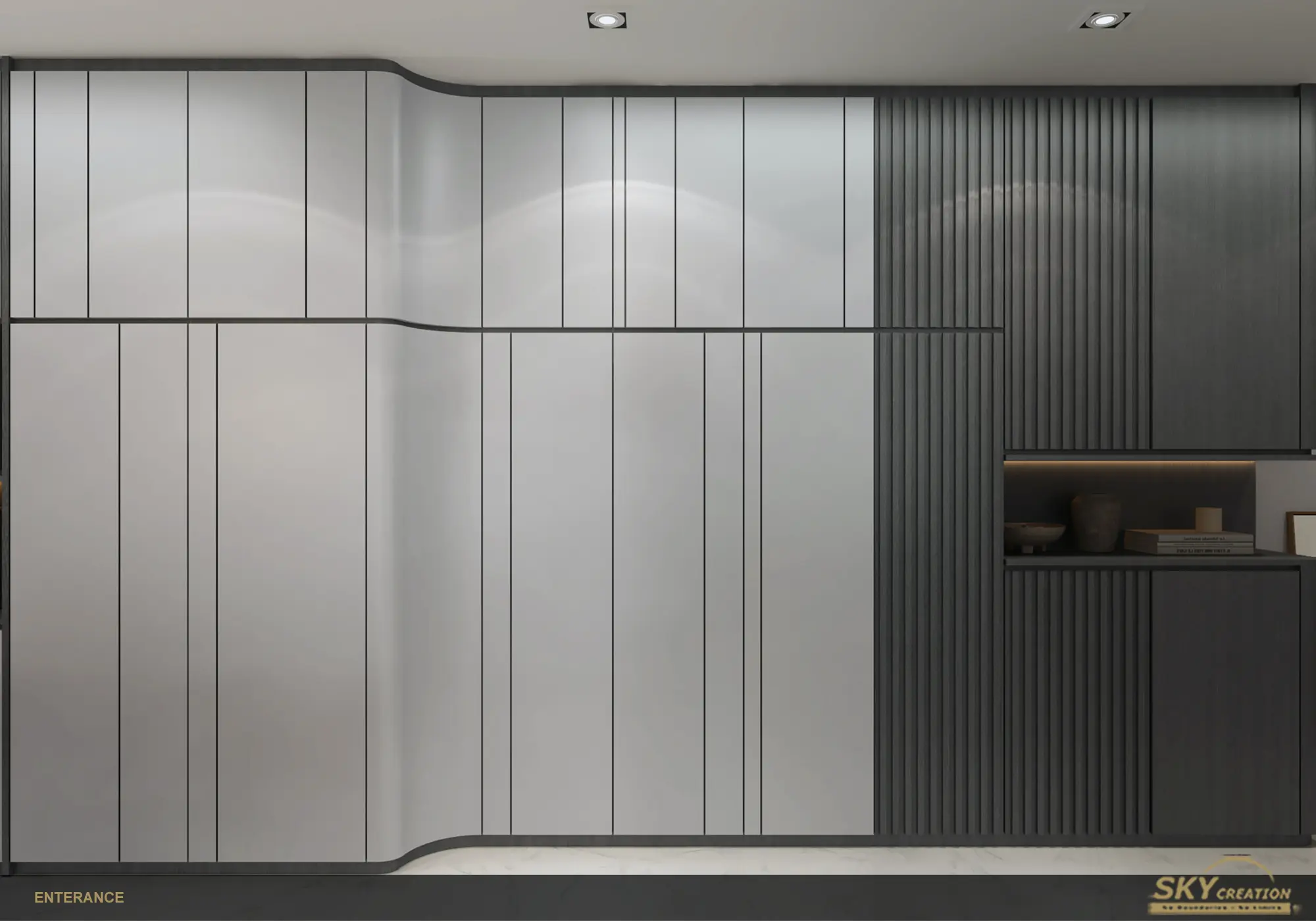 Lakeshore entrance planned with full-height storage and a clear route into the home