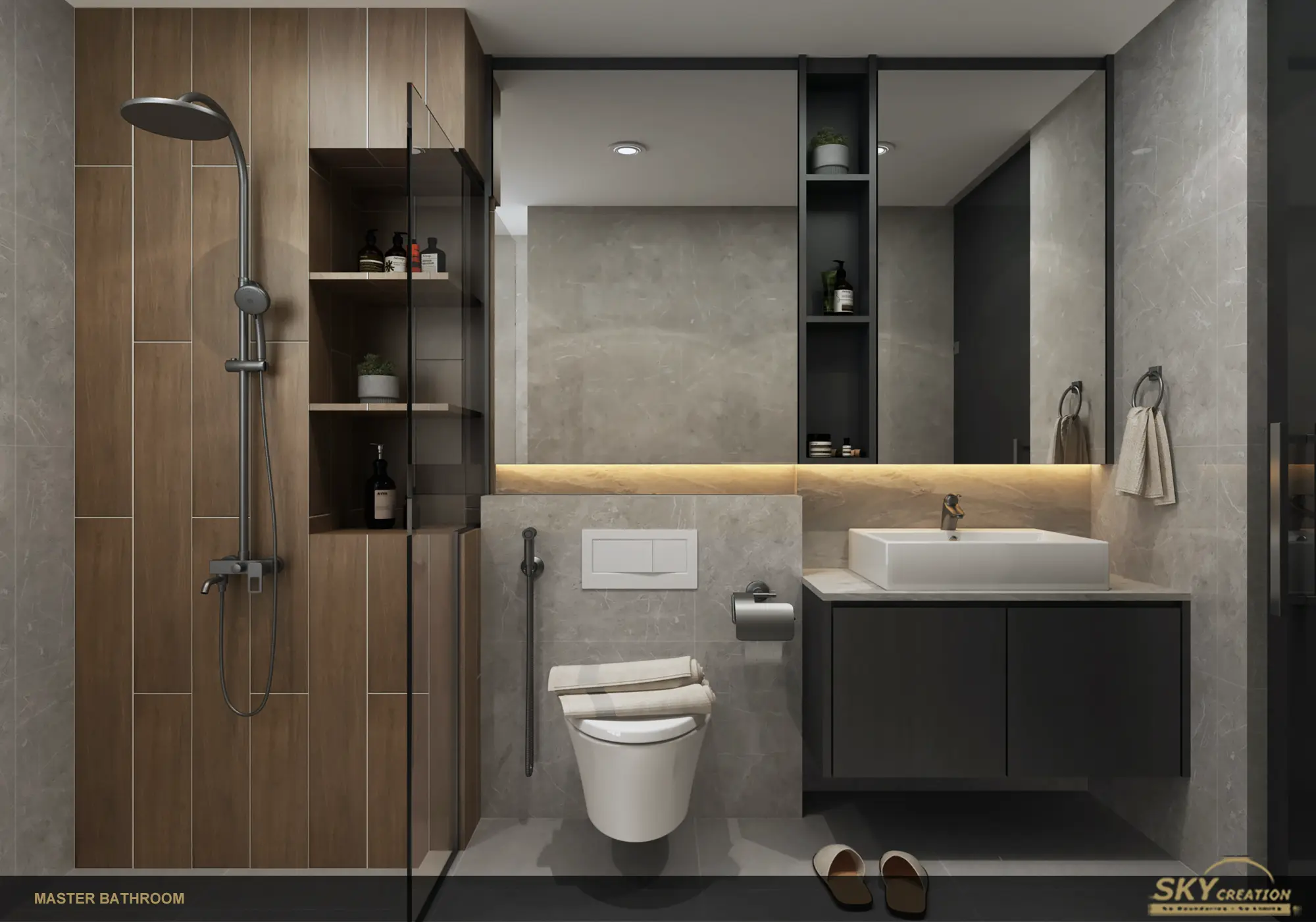 Lakeshore master bathroom in a restrained grey material palette