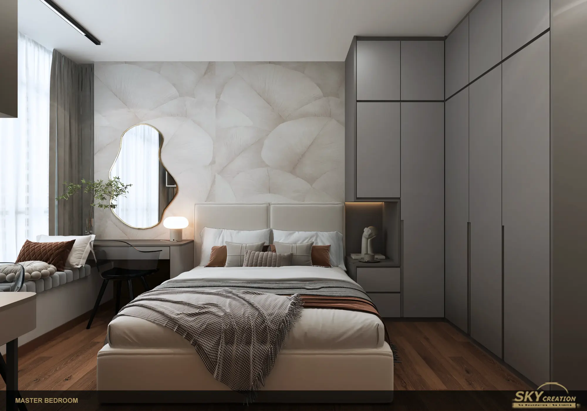 Bedroom renovation with integrated wardrobe and dressing area by Sky Creation