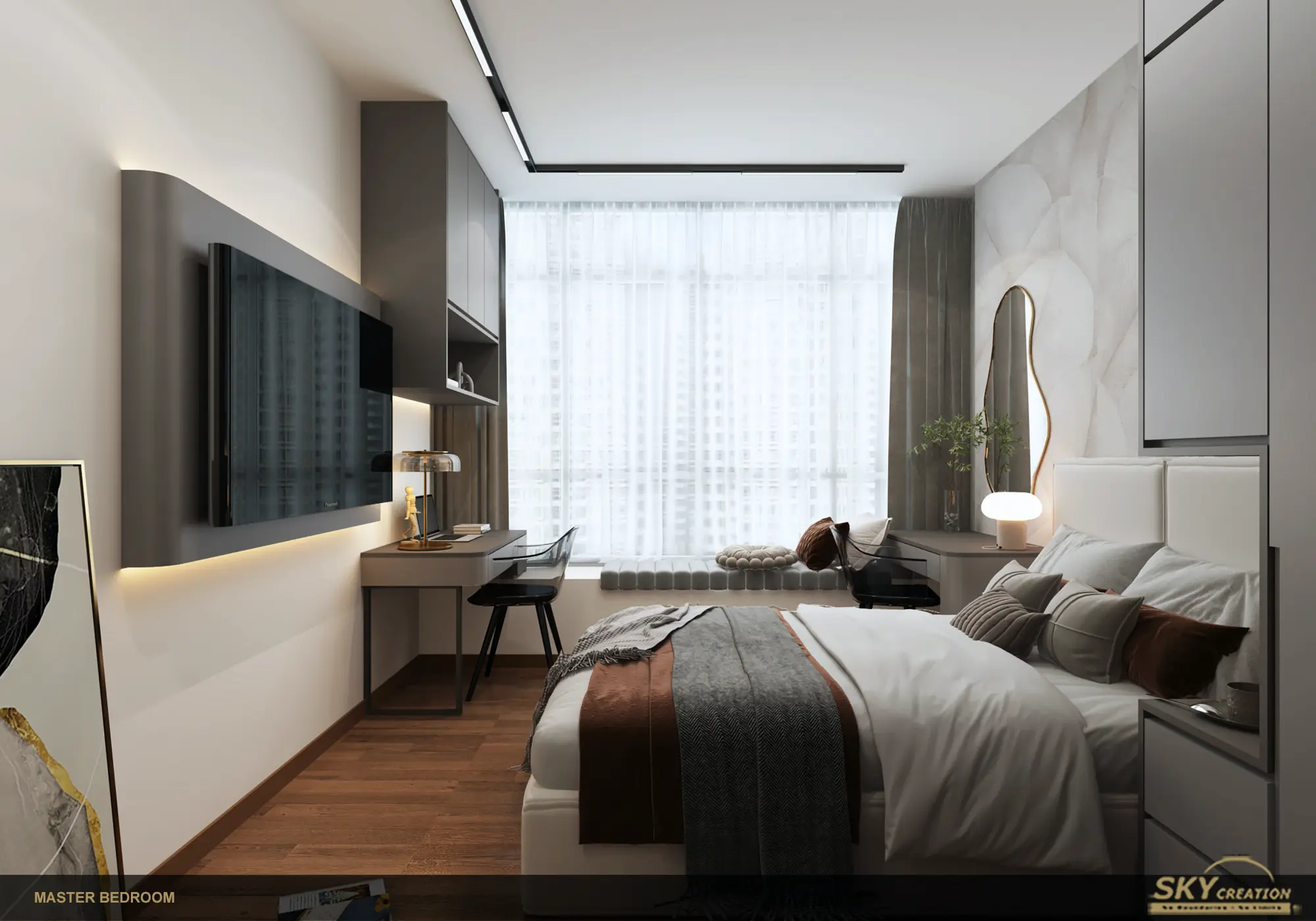 Lakeshore master bedroom with a window-side work area