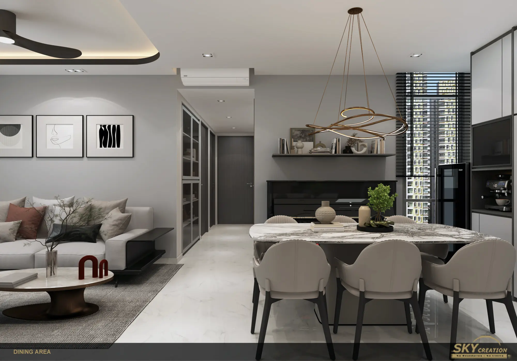 Lakeshore dining area with warm display lighting and integrated cabinetry