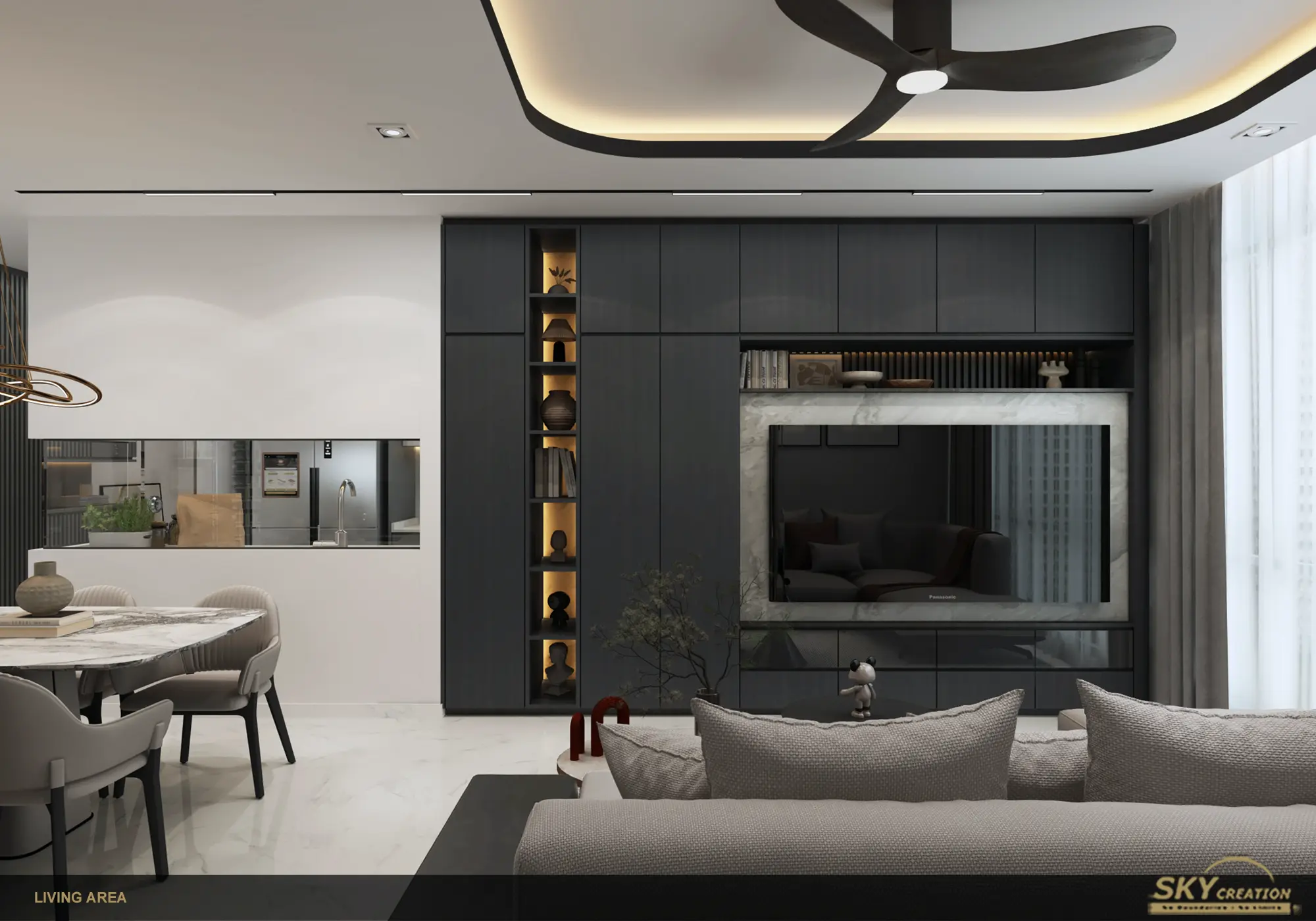 Lakeshore condominium living area with dark feature joinery and a connected dining zone