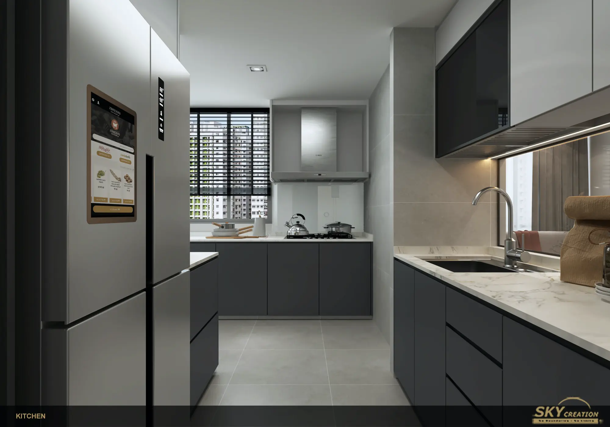 Lakeshore kitchen with dark lower cabinetry and a bright practical worktop