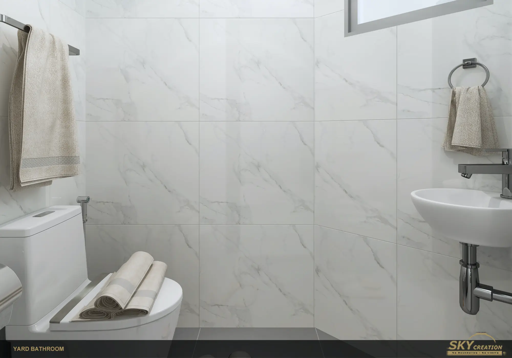 Lakeshore yard bathroom with space-efficient fittings