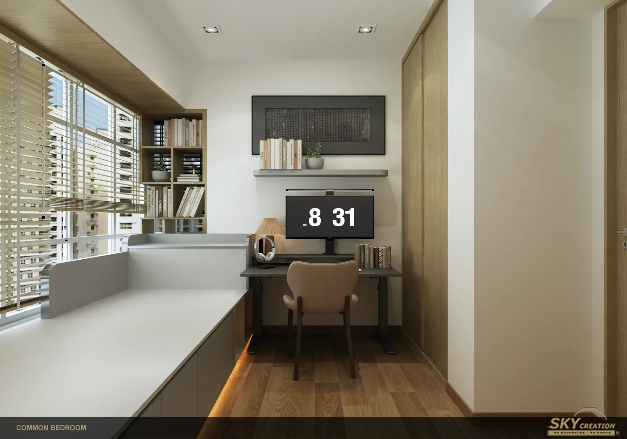 Residences at Evelyn study area with warm timber flooring, integrated shelving and a built-in desk