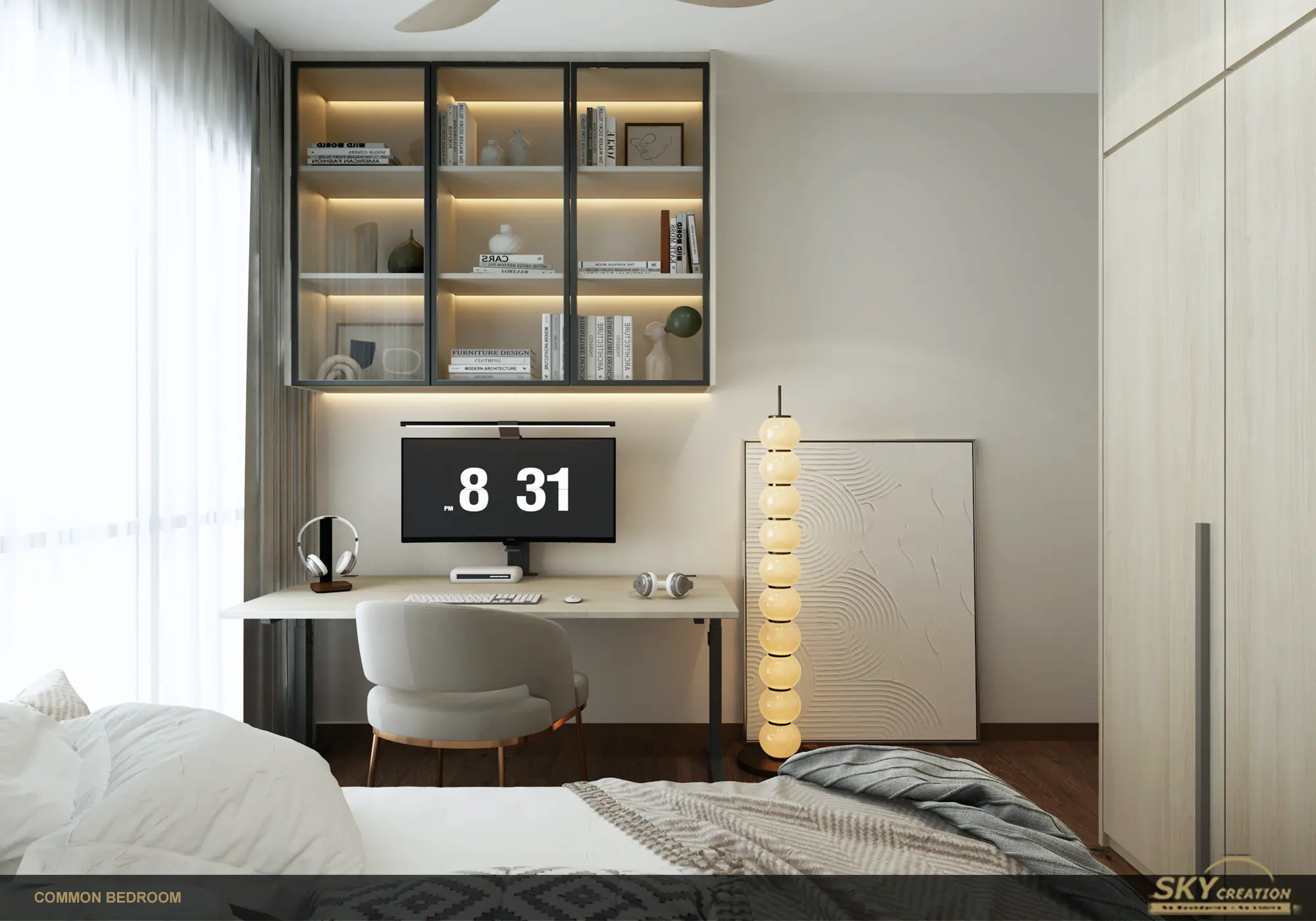 Residences at Evelyn bedroom with a compact vanity, display storage and soft ambient lighting