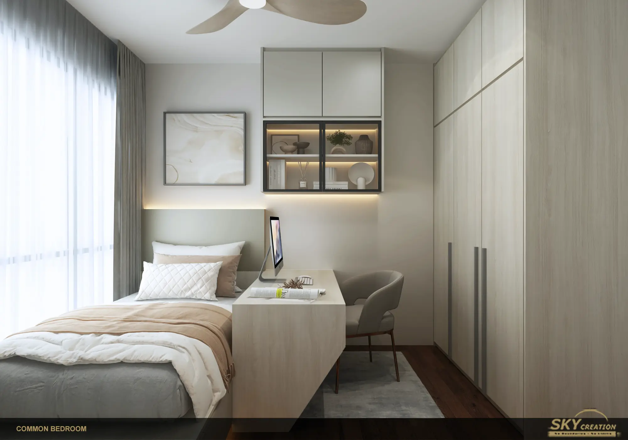 Sea Esta bedroom with a compact work area and display shelving
