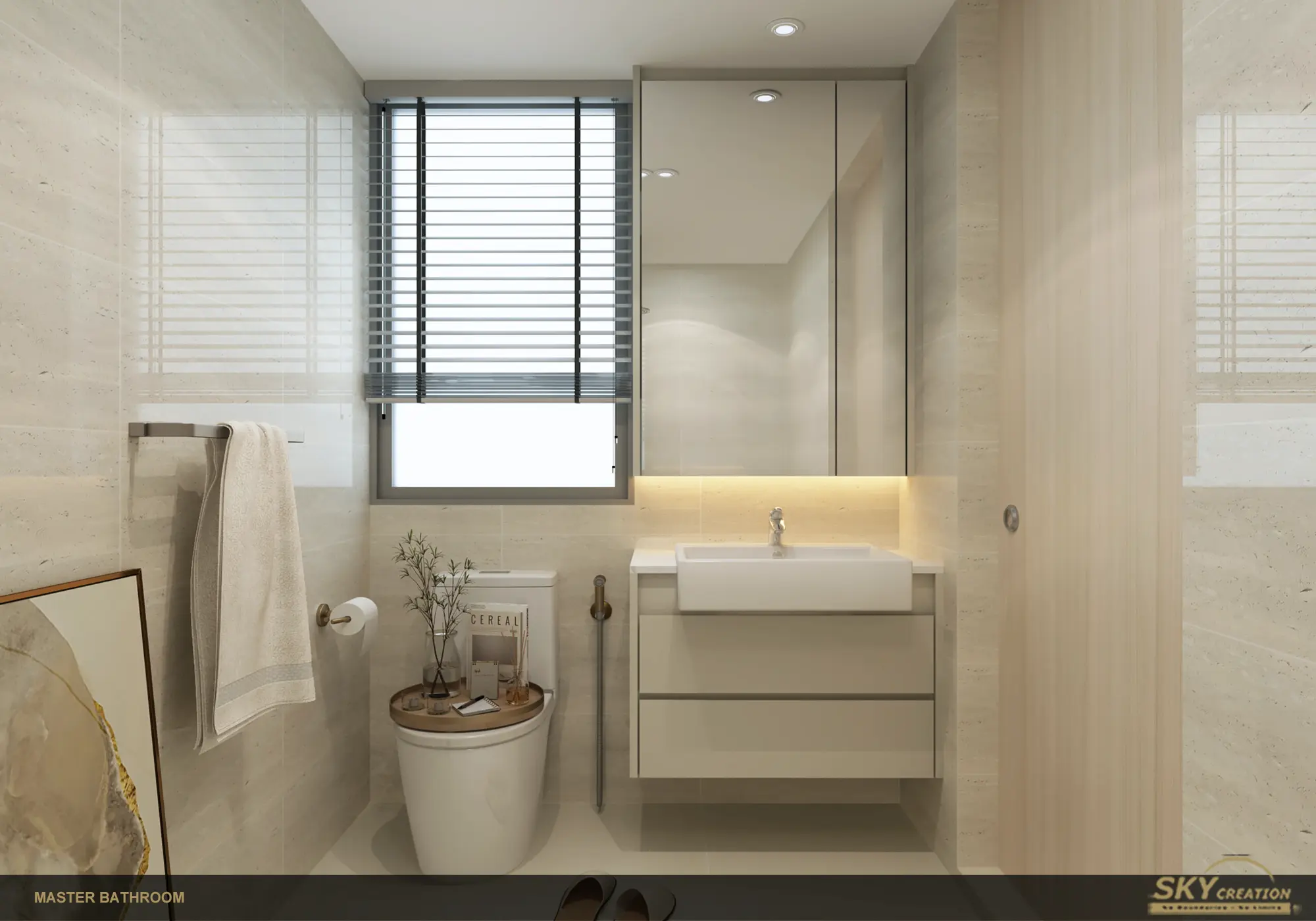Condominium bathroom planned with integrated vanity storage