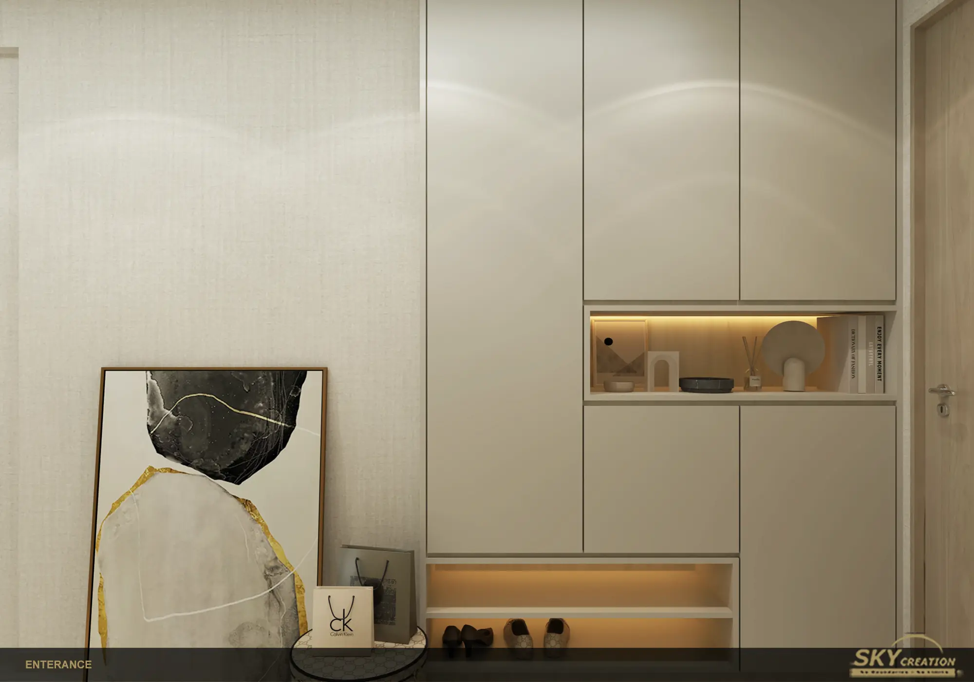 Sea Esta entrance with full-height storage and warm concealed lighting