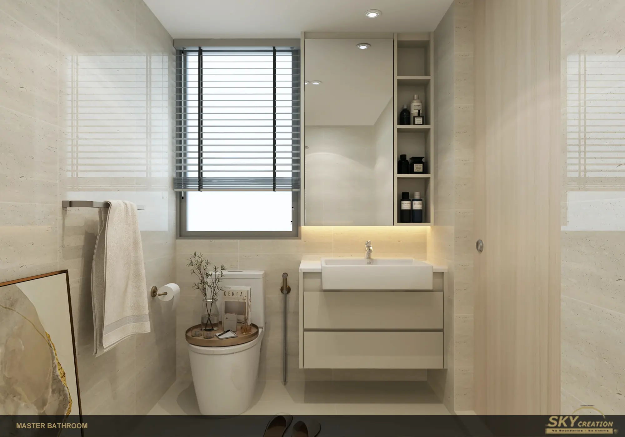 Sea Esta master bathroom with stone-look finishes and defined wet and dry zones