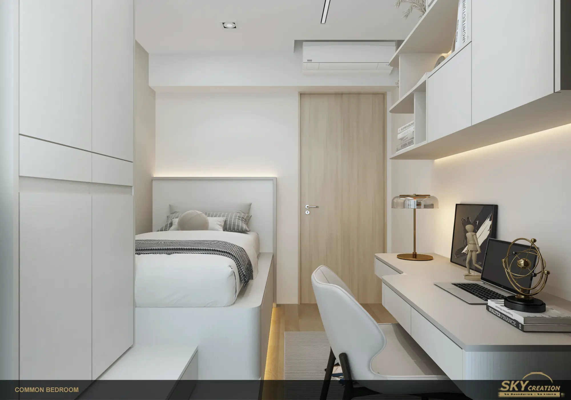 Condominium bedroom planned with built-in storage and a study zone