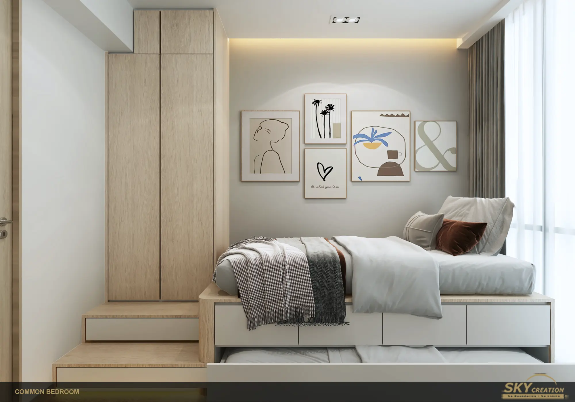 Sea Esta bedroom design with practical storage and a light material palette
